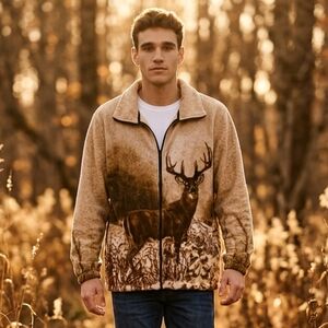 Collections Etc. Men's Fleece Full Zip Jacket M Buck Graphic Front & Back EUC